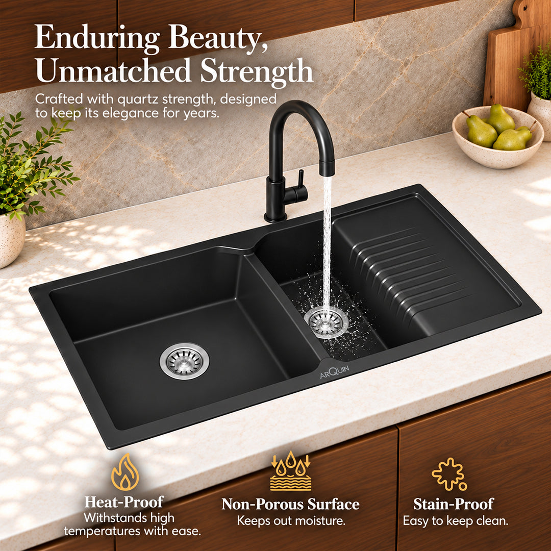 45x20x10 Inch Black Quartz Double Bowl with Drain Board Kitchen Sink