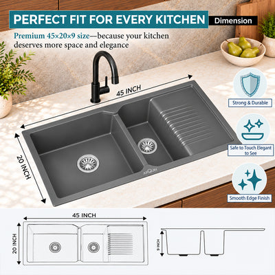45x20x9 Inch Grey Quartz Double Bowl with Drain Board Kitchen Sink