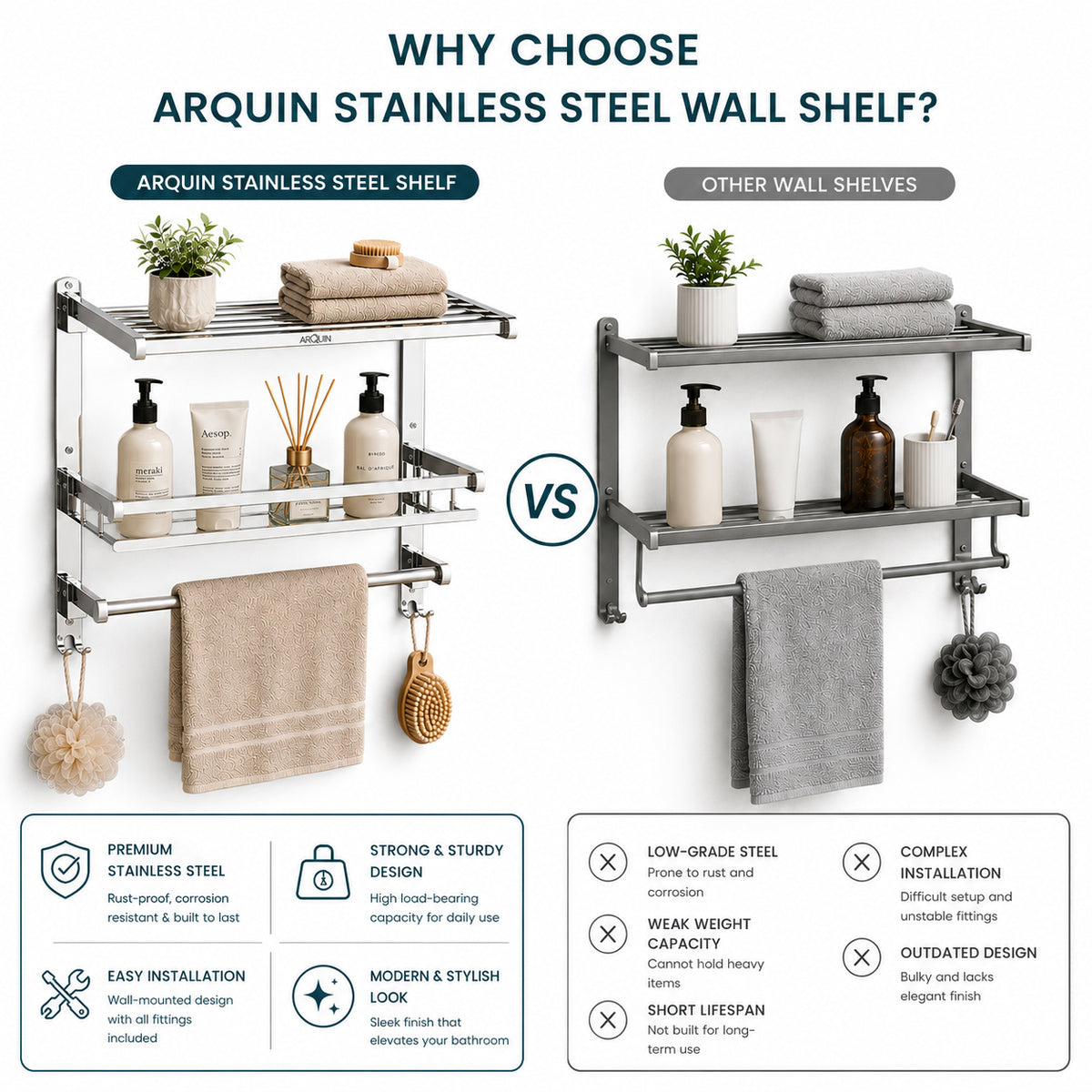 3 Layer Bathroom Folding Shelf Stainless Steel Chrome Finish - 16 Inch (B13)
