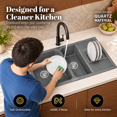 45x20x9 Inch Grey Quartz Double Bowl with Drain Board Kitchen Sink