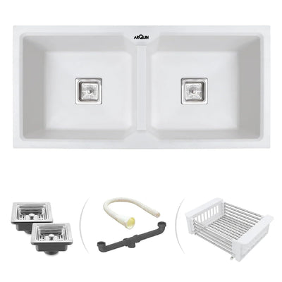 37x18x9 Inch White Quartz Double Bowl Kitchen Sink