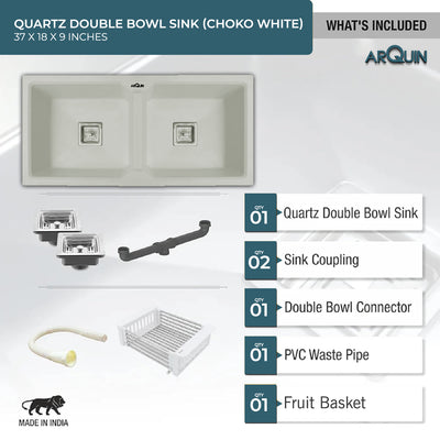 37x18x9 Inch Choco White Quartz Double Bowl Kitchen Sink