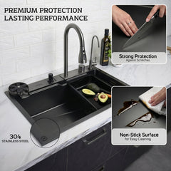 Waterfall Smart Kitchen Sink (30 x 18 x 9 Inches) | Stainless Steel Sink
