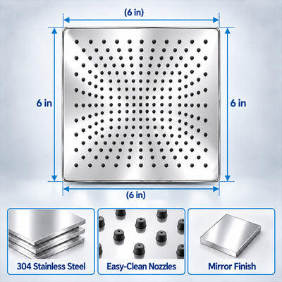 Rain Shower Head without Arm 304 Stainless Steel Overhead Shower 6x6 Inch (SOFT)