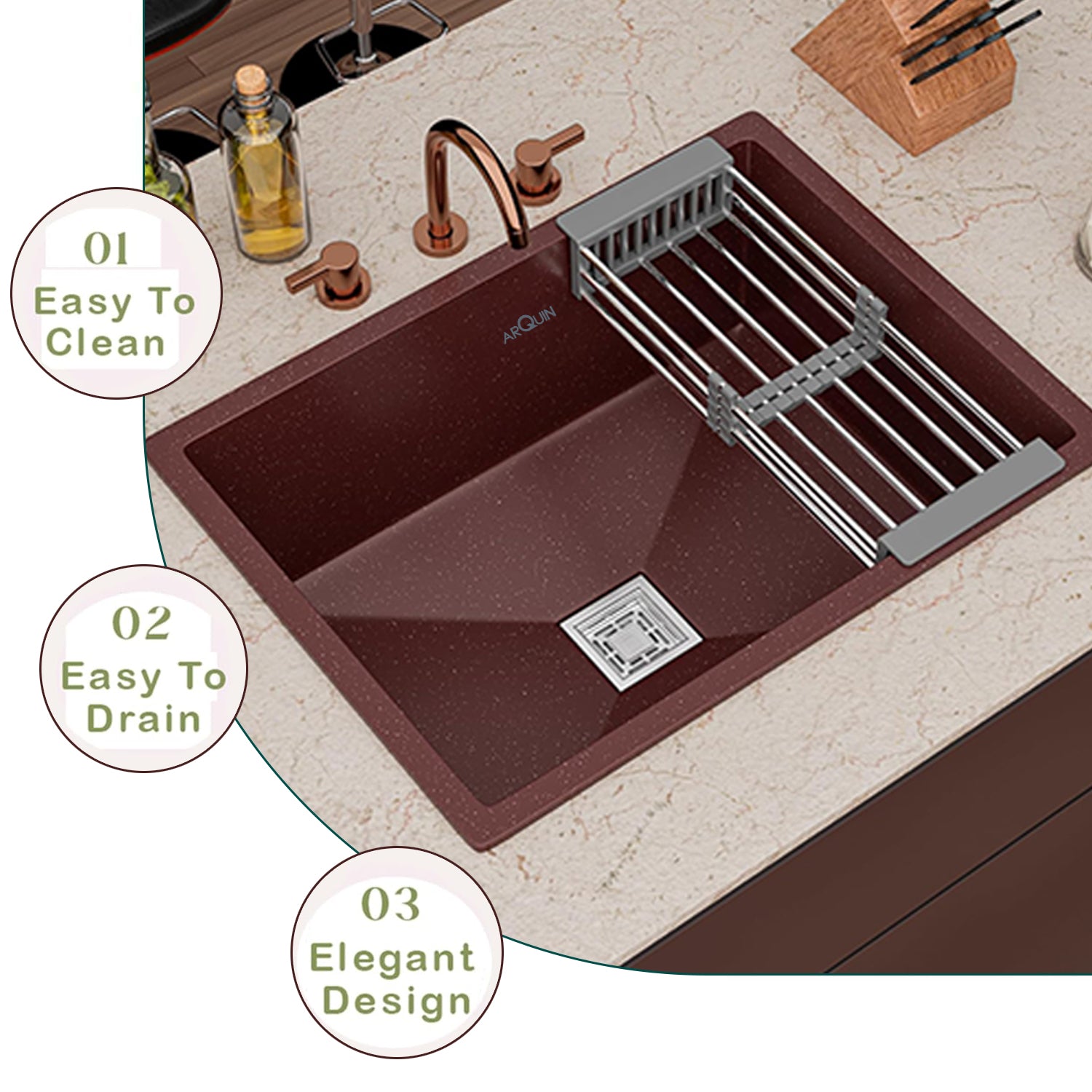 24x18x9 Inch Brown Quartz Single Bowl Kitchen Sink