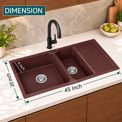 45x20x10 Inch Brown Quartz Double Bowl with Drain Board  Kitchen Sink