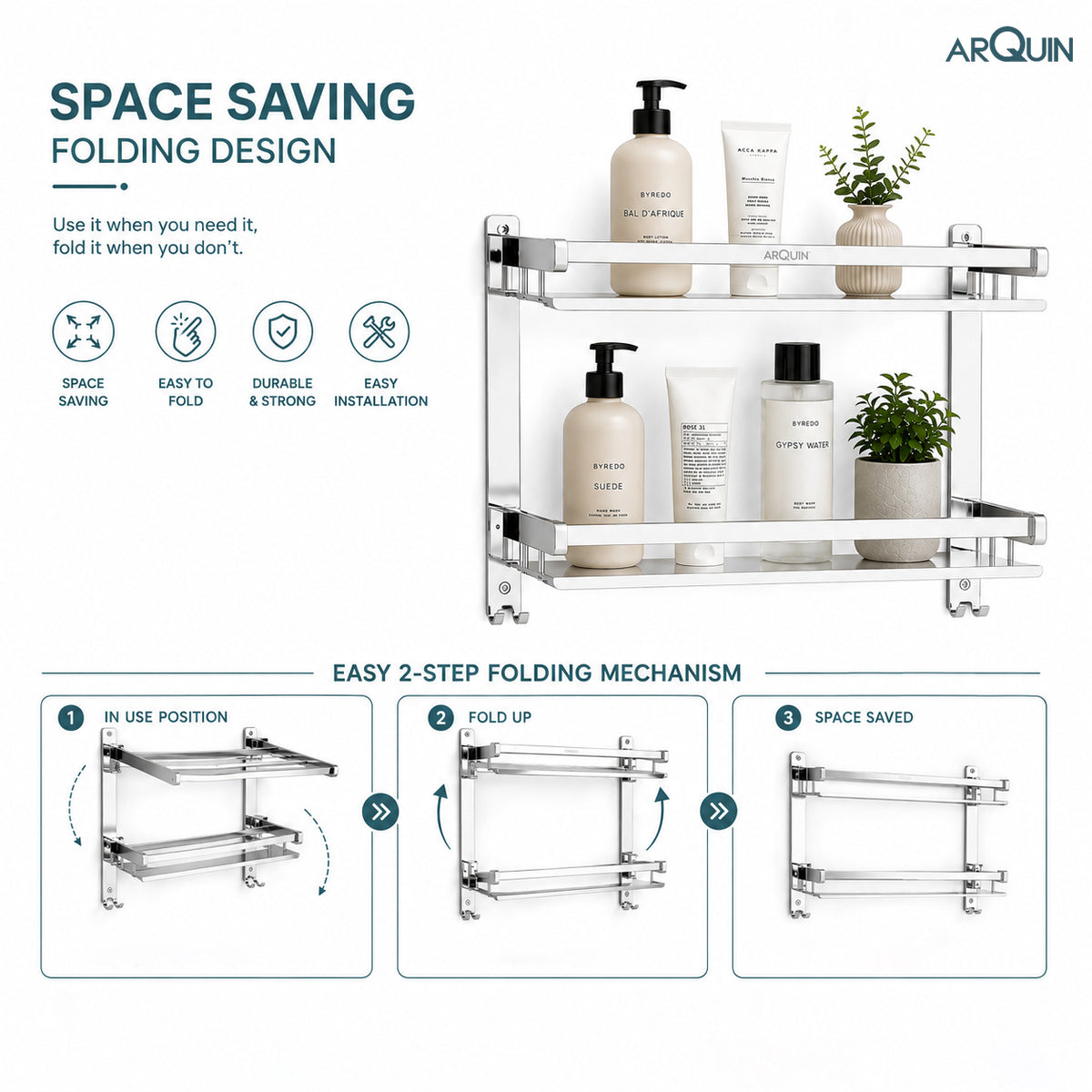 2 Layer Bathroom Folding Shelf Stainless Steel Chrome Finish - 16 Inch (B12)