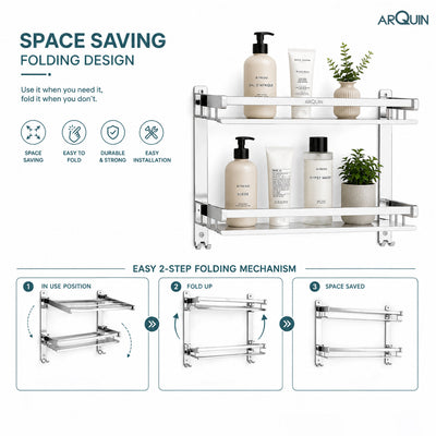 2 Layer Bathroom Folding Shelf Stainless Steel Chrome Finish - 16 Inch (B12)