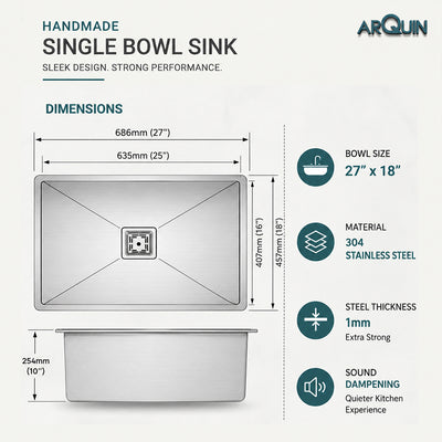 27x18x10 Inch Heavy Grade Handmade Single Bowl Kitchen Sink