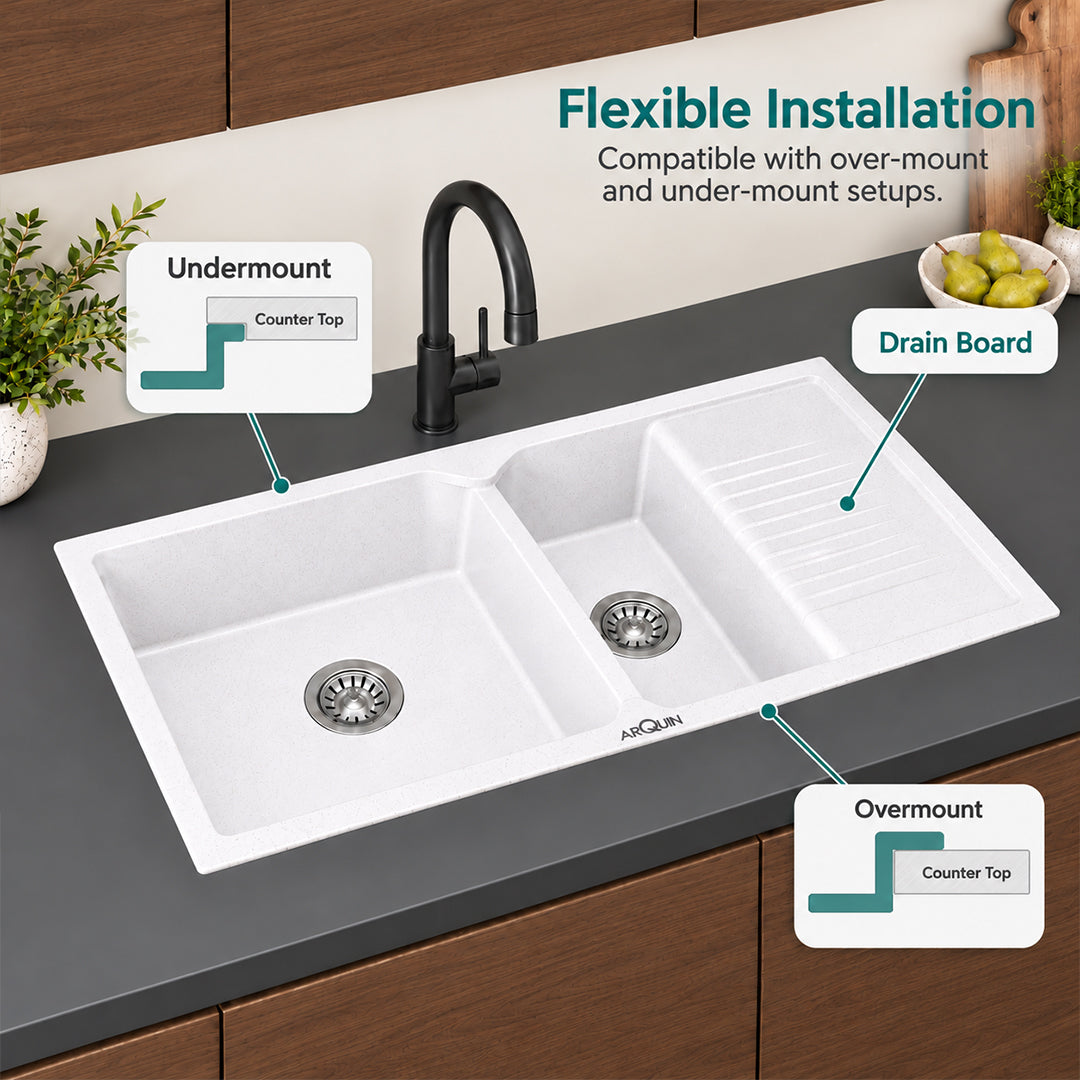 45x20x10 Inch Rosa Quartz Double Bowl with Drain Board Kitchen Sink
