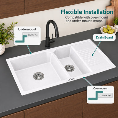 45x20x10 Inch Rosa Quartz Double Bowl with Drain Board Kitchen Sink
