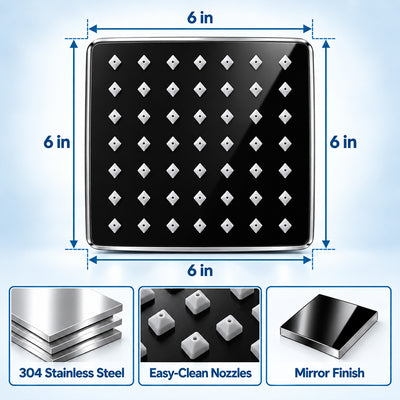 Rain Shower Head without Arm 304 Stainless Steel Overhead Shower 6x6 Inch (ELEGANCE BLACK)