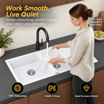 45x20x9 Inch Sand Pluto Quartz Sink Double Bowl with Drain Board  Kitchen Sink