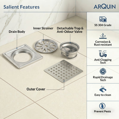 Square Floor Drainer 304 SS Grade with Cockroach Trap (5X5 Inch)