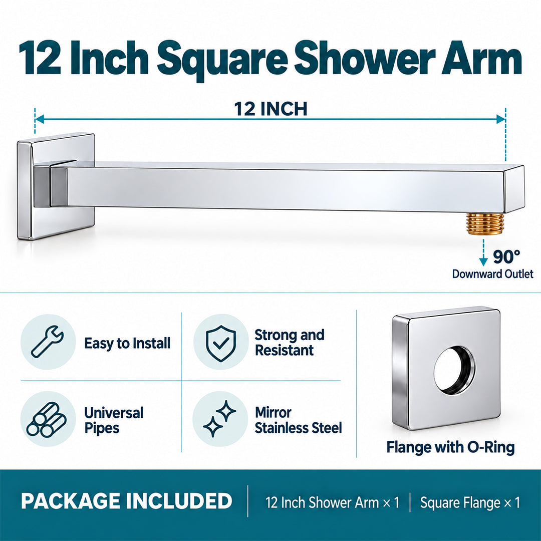 Shower Arm for Overhead Shower 304 Stainless Steel 12 Inch Shower Pipe 90 Degree