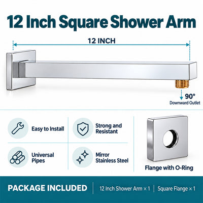 Shower Arm for Overhead Shower 304 Stainless Steel 12 Inch Shower Pipe 90 Degree