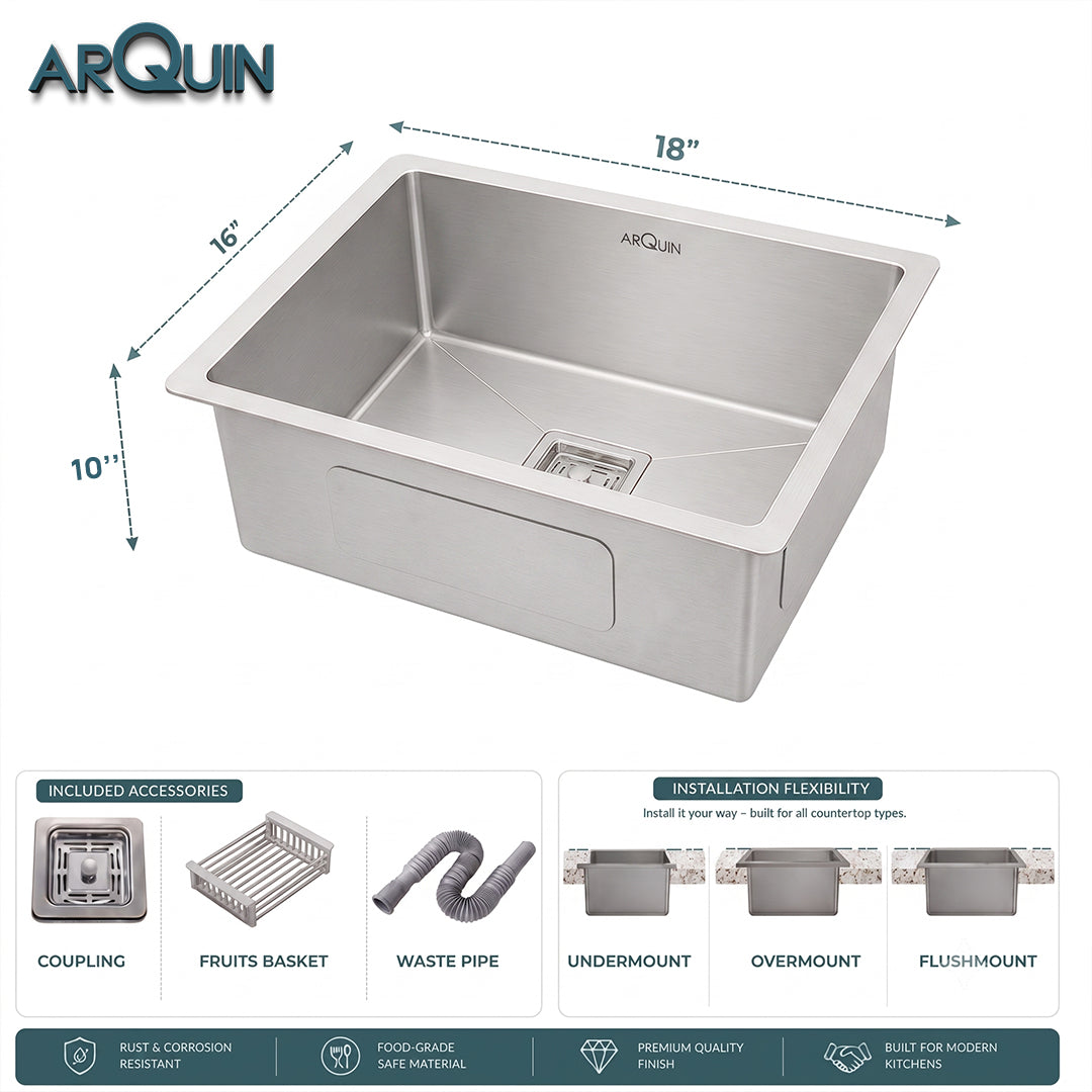 18x16x10 Inch Heavy Grade Handmade Single Bowl Kitchen Sink