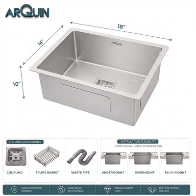 18x16x10 Inch Heavy Grade Handmade Single Bowl Kitchen Sink