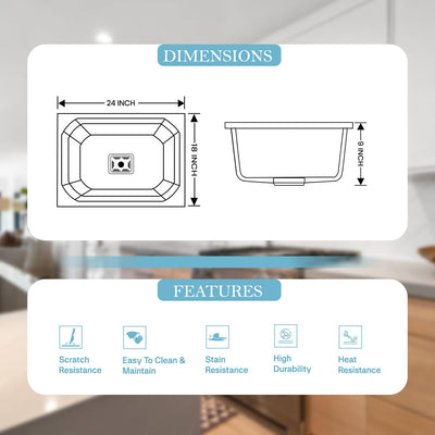 24x18x9 Inch Grey Quartz Single Bowl Diamond Kitchen Sink