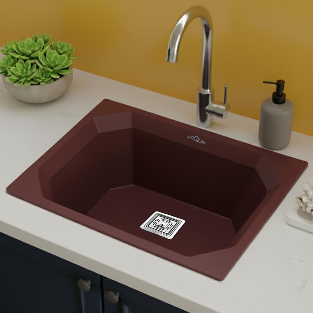 Quartz Single Bowl Diamond Kitchen Sink (24 x 18 x 9 Inches) Brown