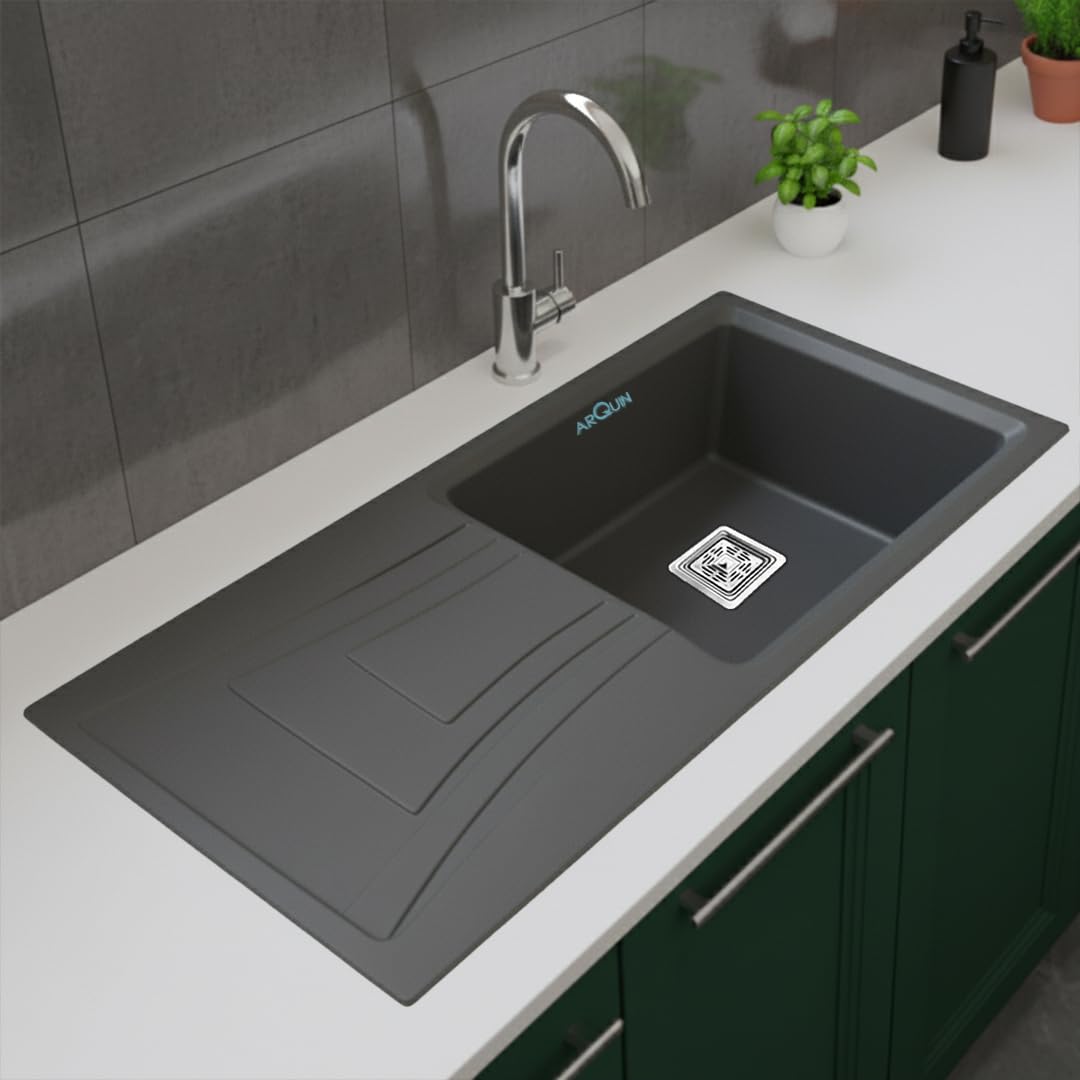 36x18x9 Inch Grey Quartz Single Bowl With Drain Board Kitchen Sink