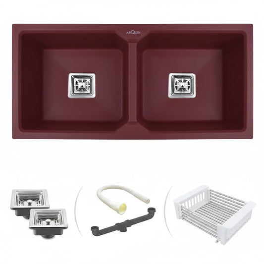 Quartz Double Bowl Kitchen Sink Brown 37x18x9 Inch