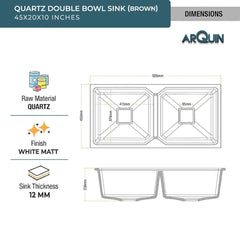 Quartz Double Bowl Kitchen Sink Brown 45x20x10 Inch