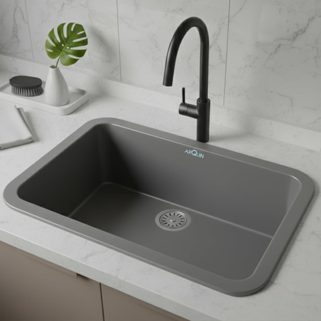 Quartz Single Bowl Round Kitchen Sink (24 x 18 x 9 Inches) | Grey