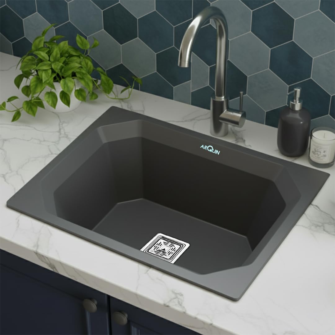 Quartz Single Bowl Diamond Kitchen Sink (24 x 18 x 9 Inches) Grey