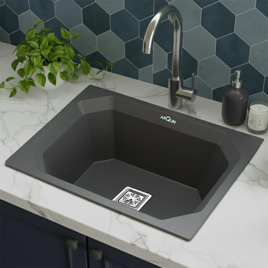 Quartz Single Bowl Diamond Kitchen Sink (24 x 18 x 9 Inches) Grey