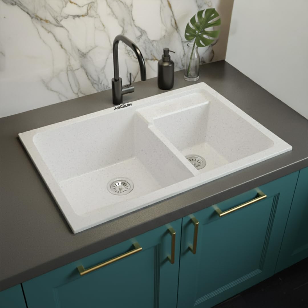 31X18X9 Inch Sand Pluto Quartz Double Bowl  Kitchen Sink