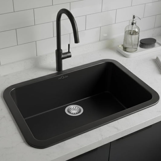 Quartz Single Bowl Round Kitchen Sink (24 x 18 x 9 Inches) | Black