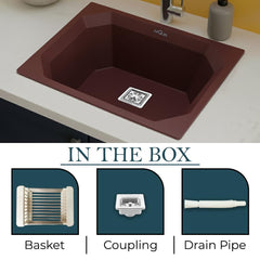 Quartz Single Bowl Diamond Kitchen Sink (24 x 18 x 9 Inches) Brown