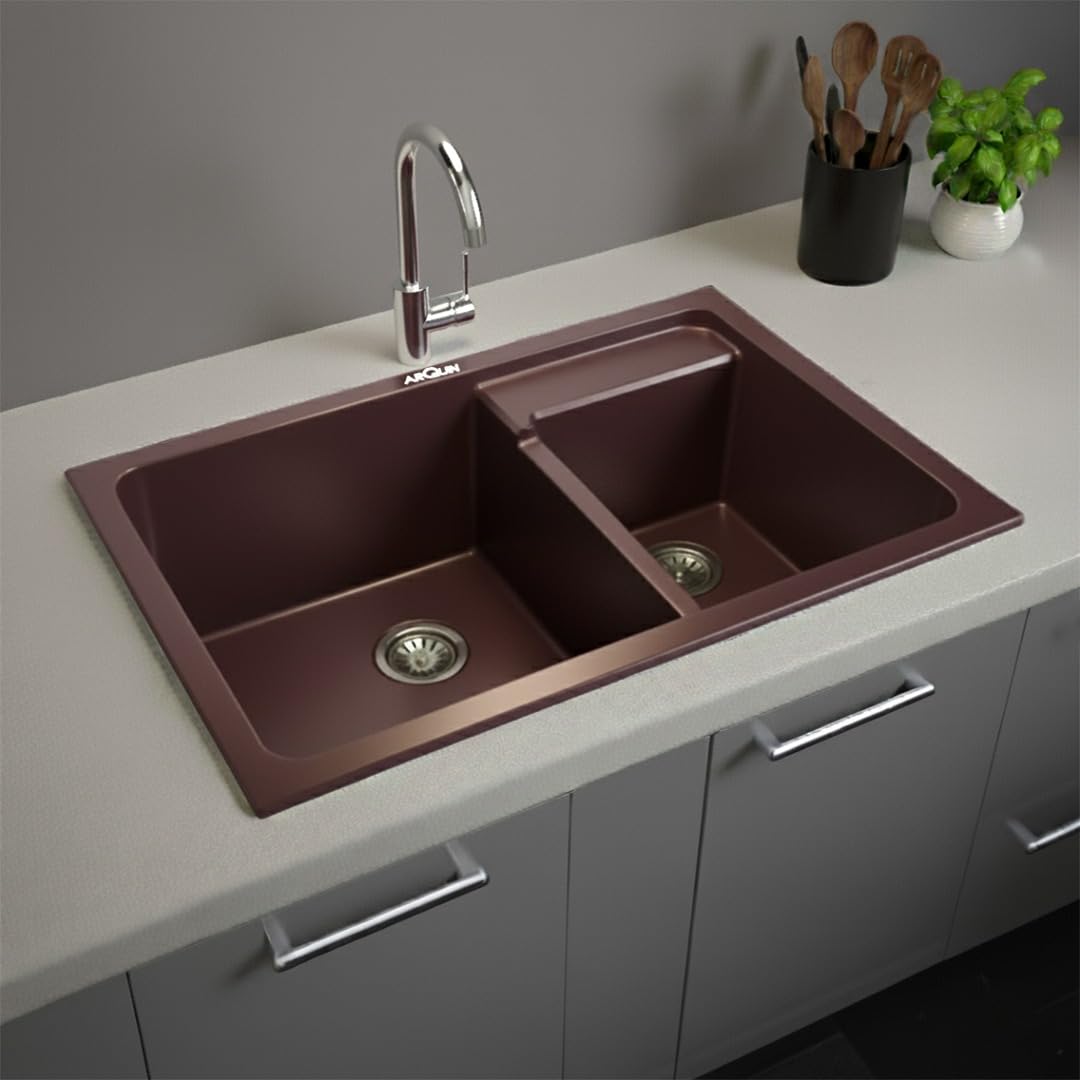 31X18X9 Inch Brown Quartz Double Bowl Kitchen Sink
