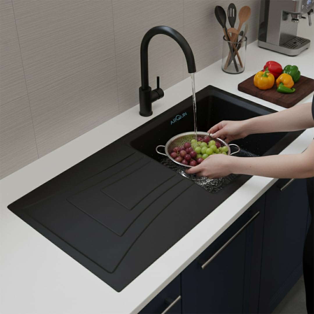 36x18x9 Inch Black Quartz Single Bowl With Drain Board Kitchen Sink