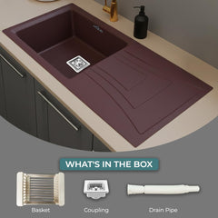 Quartz Kitchen Sink 36 x 18 x 9 Inches Brown Single Bowl With Drain Board