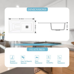 Quartz Kitchen Sink 36x18x9 Inches Sand Pluto Single Bowl With Drain Board