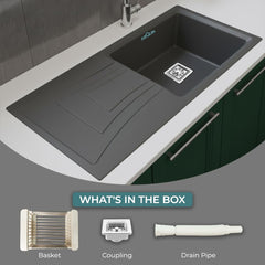 Quartz Kitchen Sink 36x18x9 Inches Grey Single Bowl With Drain Board