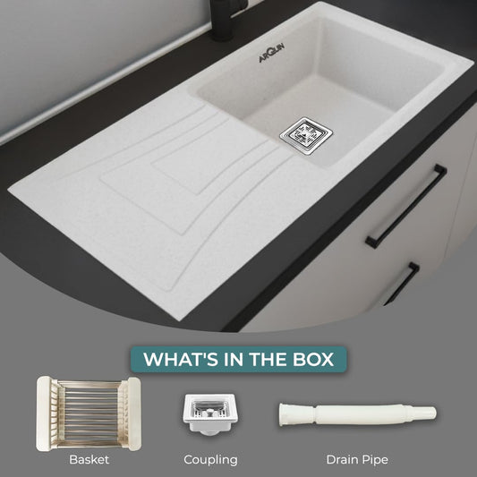 Quartz Kitchen Sink 36x18x9 Inches White Single Bowl With Drain Board