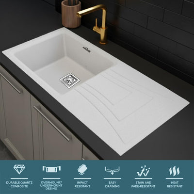 36x18x9 Inch White Quartz Single Bowl With Drain Board Kitchen Sink