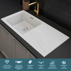 Quartz Kitchen Sink 36x18x9 Inches White Single Bowl With Drain Board