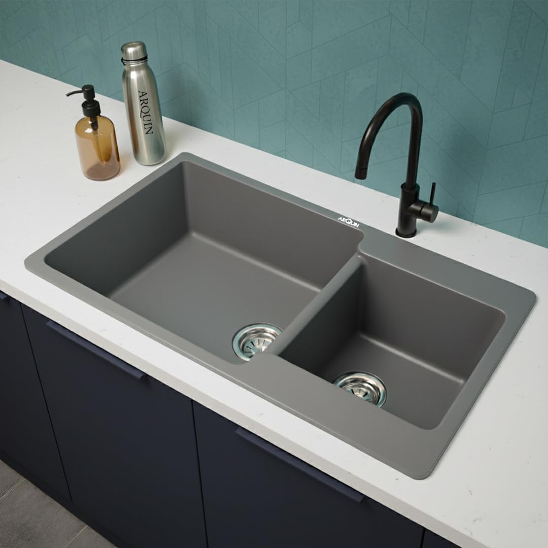 34X20X9 Inch Grey Quartz Double Bowl Kitchen Sink