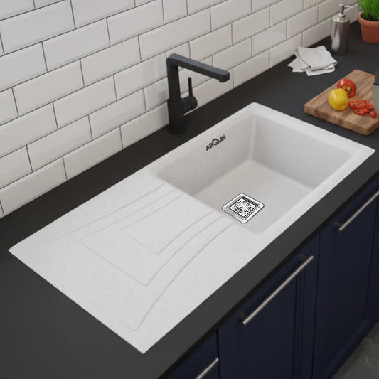 Quartz Kitchen Sink 36x18x9 Inches White Single Bowl With Drain Board