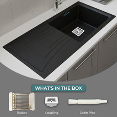 Quartz Kitchen Sink 36 x 18 x 9 Inches Black Single Bowl With Drain Board