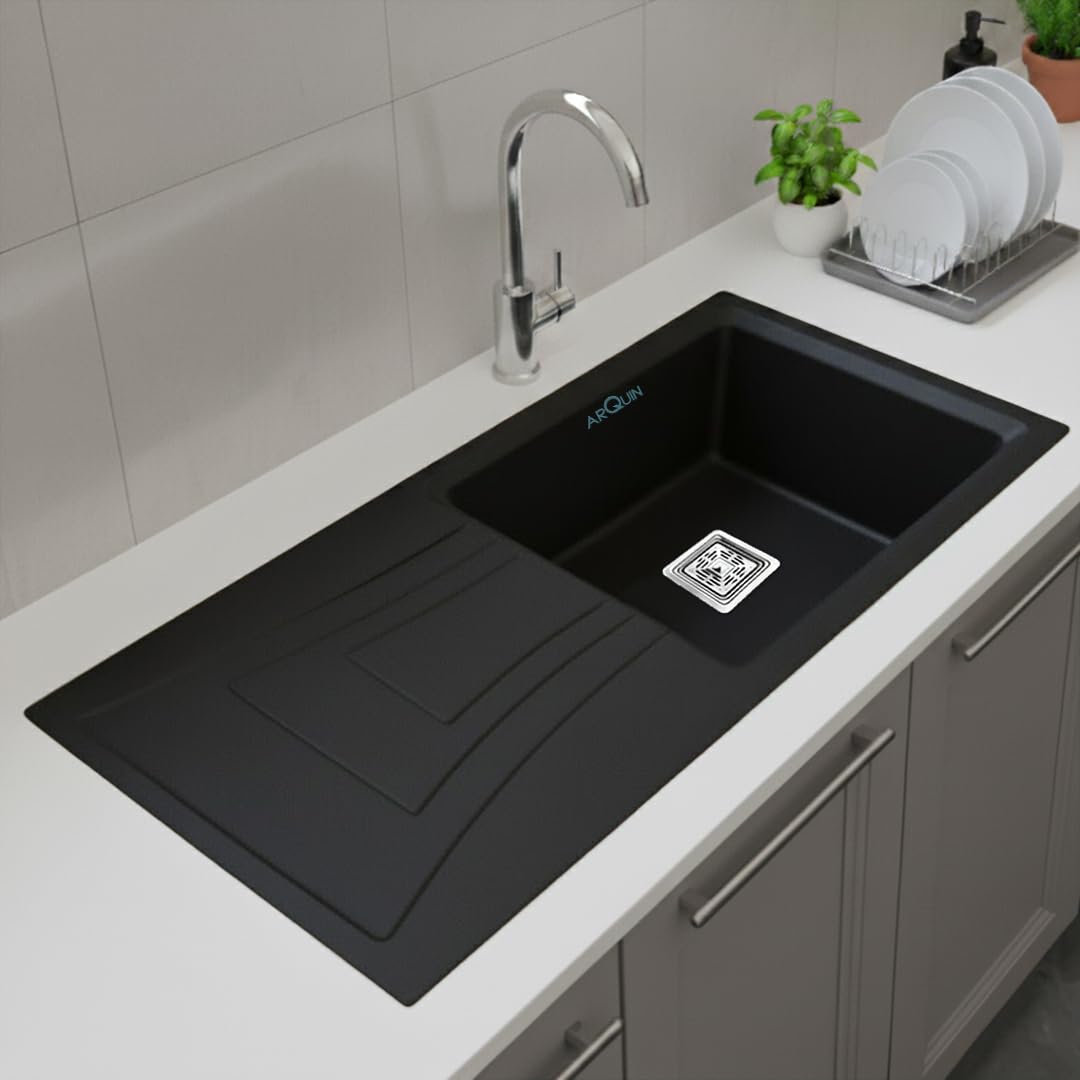 Quartz Kitchen Sink 36 x 18 x 9 Inches Black Single Bowl With Drain Board