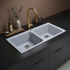 Quartz Double Bowl Kitchen Sink Sand Pluto 37x18x9 Inch