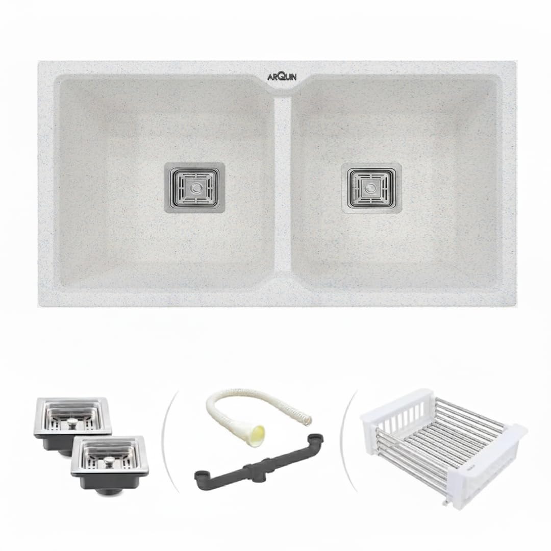 37x18x9 Inch Sand Pluto Quartz Double Bowl Kitchen Sink