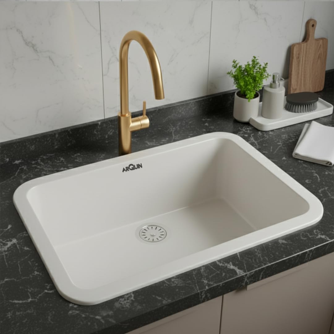 24x18x9 Inch White Quartz Single Bowl Round Kitchen Sink
