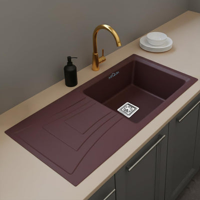 36x18x9 Inch Brown Quartz Single Bowl With Drain Board Kitchen Sink