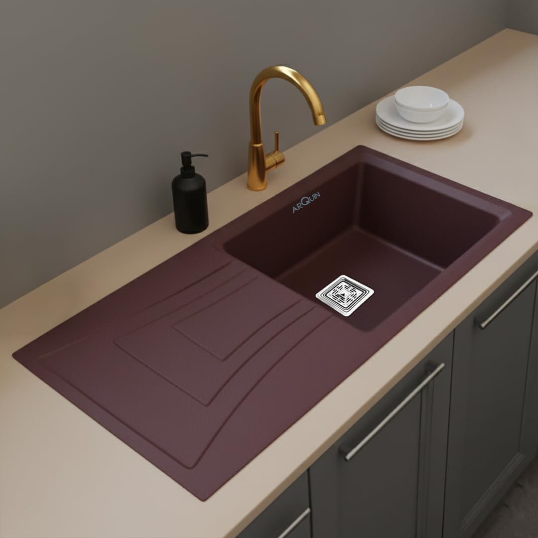 Quartz Kitchen Sink 36 x 18 x 9 Inches Brown Single Bowl With Drain Board